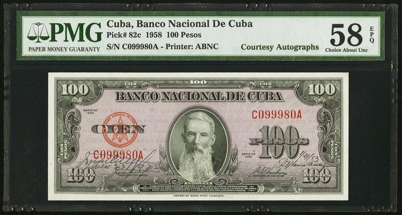 Cuba Banco Nacional de Cuba 100 Pesos 1958 Pick 82c "Courtesy Autographs" PMG Ch...