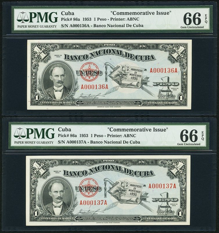 Cuba Banco Nacional de Cuba 1 Peso 1953 Pick 86a Two Consecutive Examples PMG Ge...