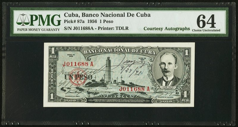 Cuba Banco Nacional de Cuba 1 Peso 1956 Pick 87a "Courtesy Autograph" PMG Choice...