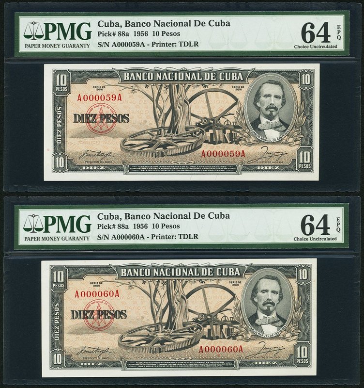 Cuba Banco Nacional de Cuba 10 Pesos 1956 Pick 88a Two Consecutive Examples PMG ...