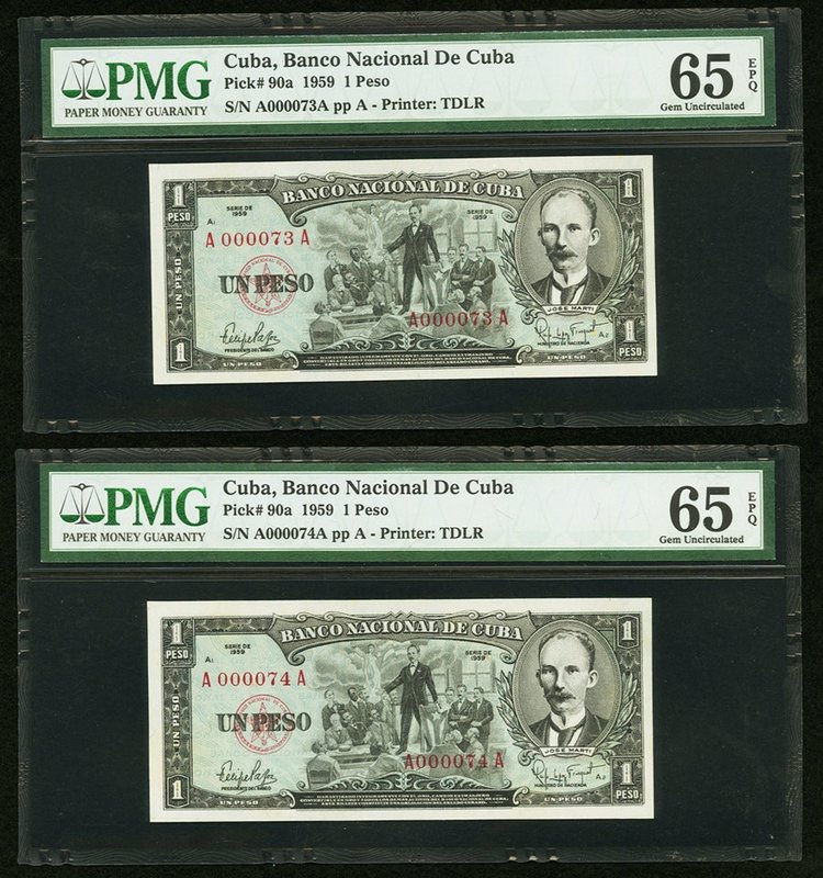 Cuba Banco Nacional de Cuba 1 Peso 1959 Pick 90a Two Consecutive Examples PMG Ge...