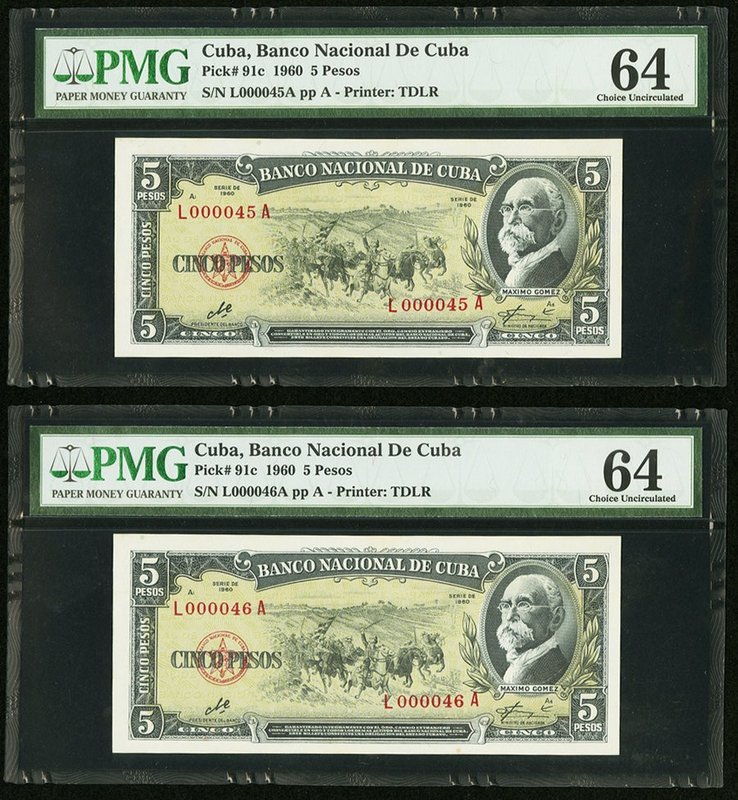 Cuba Banco Nacional de Cuba 5 Pesos 1960 Pick 91c Two Consecutive Examples PMG C...