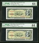 Cuba Banco Nacional de Cuba 5 Pesos 1960 Pick 91c Two Consecutive Examples PMG Choice Uncirculated 64. Low serial number 45; 46.

HID09801242017