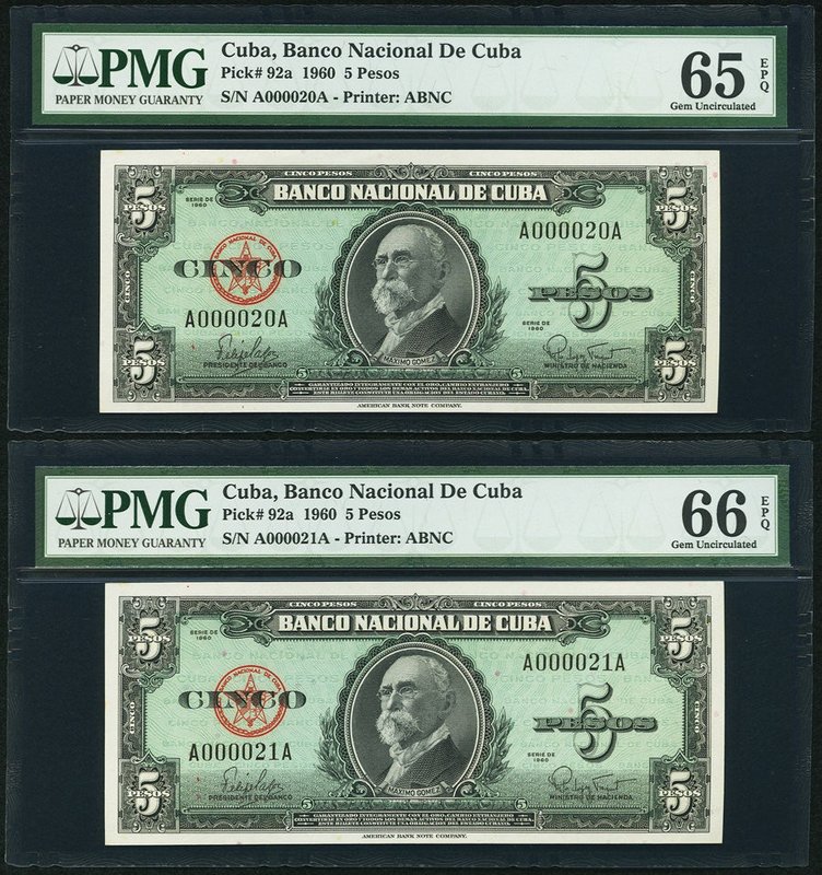 Cuba Banco Nacional de Cuba 5 Pesos 1960 Pick 92a Two Consecutive Examples PMG G...