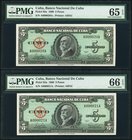 Cuba Banco Nacional de Cuba 5 Pesos 1960 Pick 92a Two Consecutive Examples PMG Gem Uncirculated 65 EPQ; Gem Uncirculated 66 EPQ. Low serial number exa...