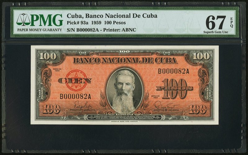 Cuba Banco Nacional de Cuba 100 Pesos 1959 Pick 93a PMG Superb Gem Unc 67 EPQ. L...