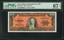 Cuba Banco Nacional de Cuba 100 Pesos 1959 Pick 93a PMG Superb Gem Unc 67 EPQ. Low serial number 82.

HID09801242017