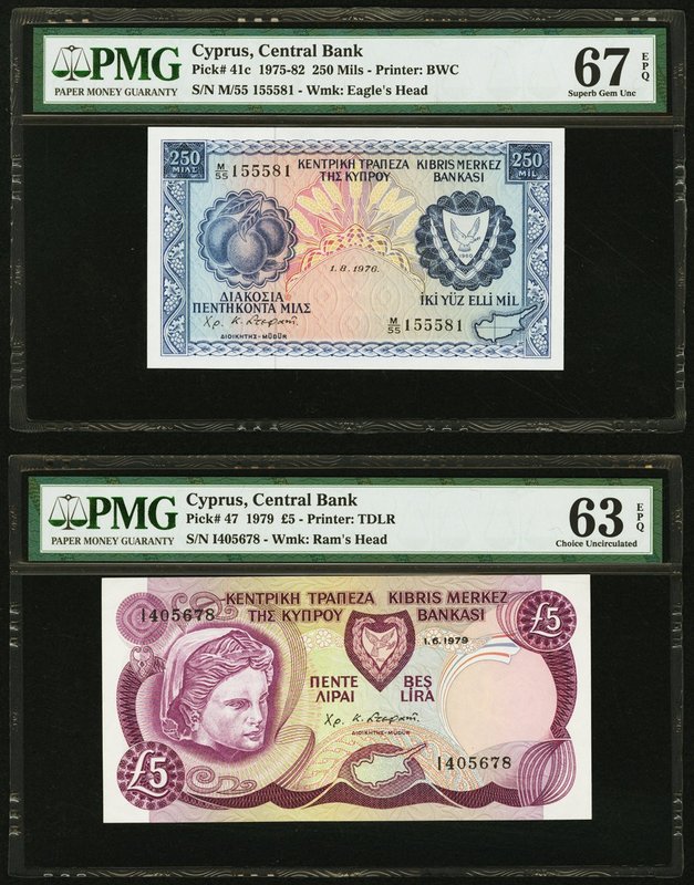 Cyprus Central Bank of Cyprus 250 Mils; 5 Pounds 1.8.1976; 1.6.1979 Pick 41c; 47...