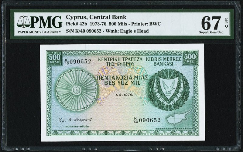 Cyprus Central Bank of Cyprus 500 Mils 1.8.1976 Pick 42b PMG Superb Gem Unc 67 E...