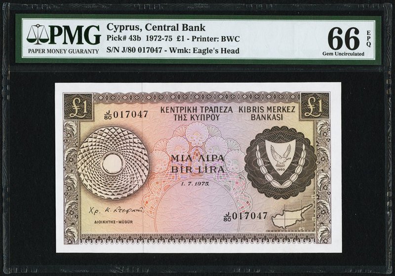 Cyprus Central Bank of Cyprus 1 Pound 1.7.1975 Pick 43b PMG Gem Uncirculated 66 ...