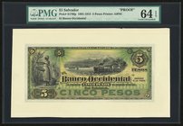 El Salvador Banco Occidental 5 Pesos 1891-1915 Pick S176fp Front Proof PMG Choice Uncirculated 64 EPQ. 

HID09801242017