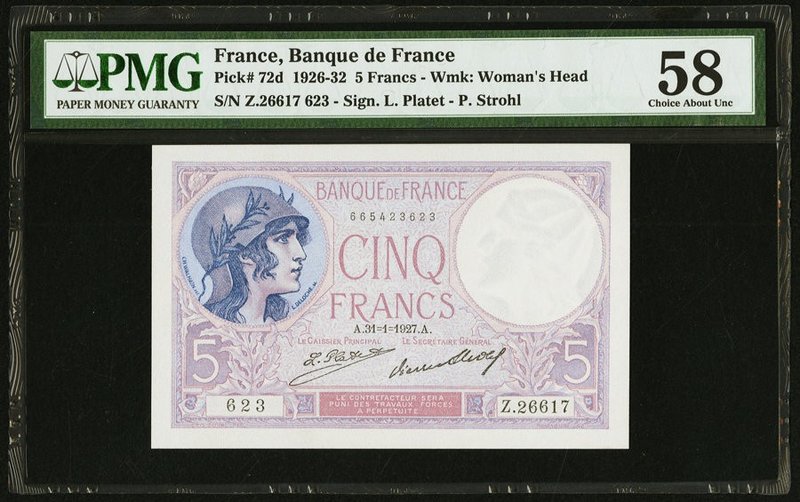 France Banque de France 5 Francs 31.1.1927 Pick 72d PMG Choice About Unc 58. 

H...