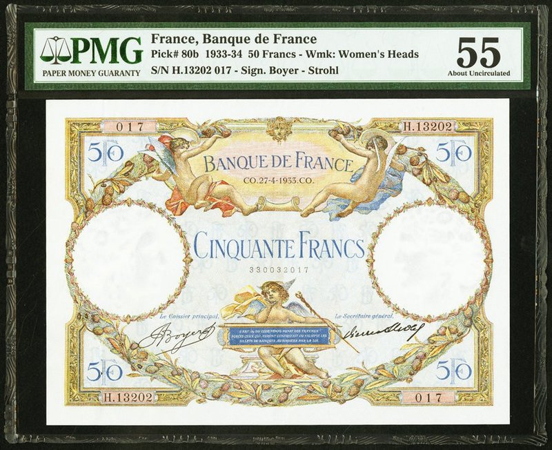 France Banque de France 50 Francs 1933-34 Pick 80b PMG About Uncirculated 55. St...