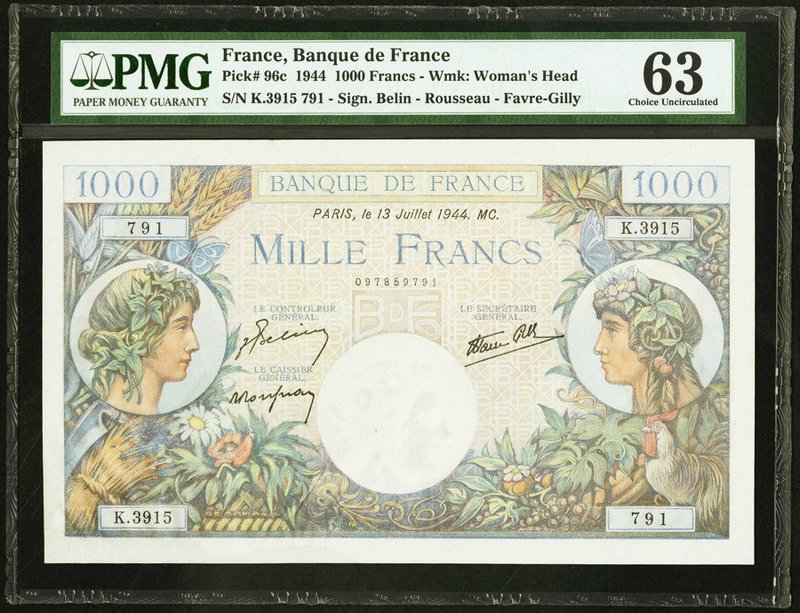 France Banque de France 1000 Francs 13.7.1944 Pick 96c PMG Choice Uncirculated 6...