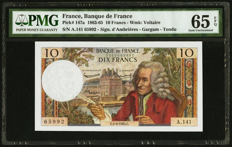 France Banque de France 10 Francs 1.4.1965 Pick 147a PMG Gem Uncirculated 65 EPQ...