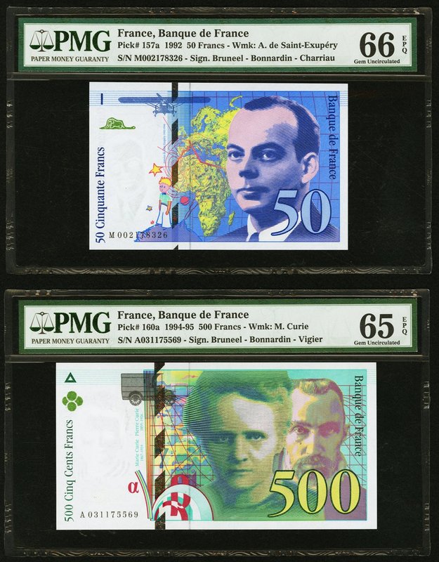 France Banque de France 50; 500 Francs 1992; 1994-95 Pick 157a; 160a PMG Gem Unc...