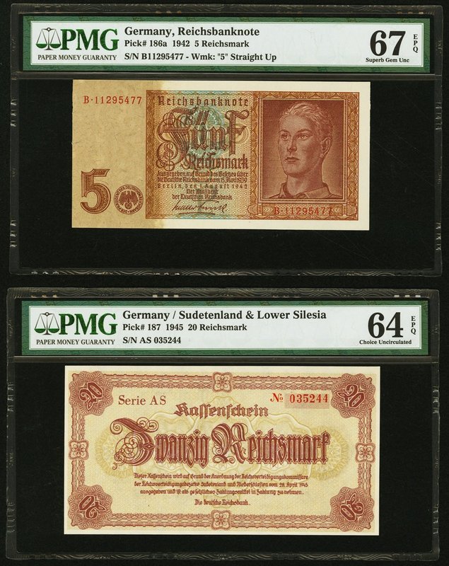 Germany Reichsbanknote; Sudetenland & Lower Silesia 5; 20 Reichsmark 1942; 1945 ...