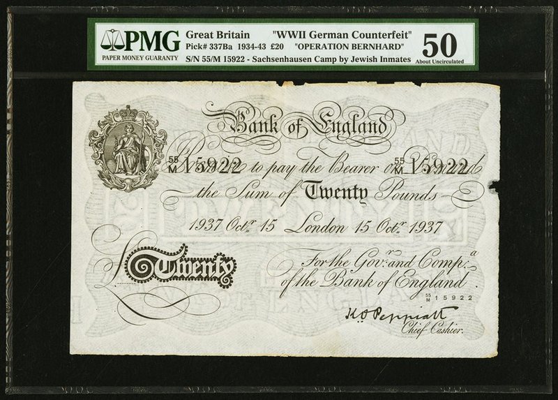 Great Britain Bank of England 20 pounds 15.10.1937 Pick 337Ba "Operation Bernhar...