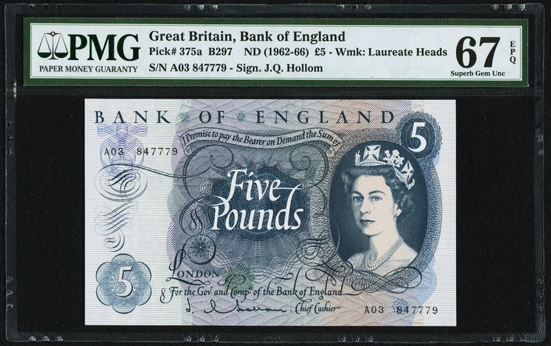 Great Britain Bank of England 5 Pounds ND (1962-66) Pick 375a PMG Superb Gem Unc...