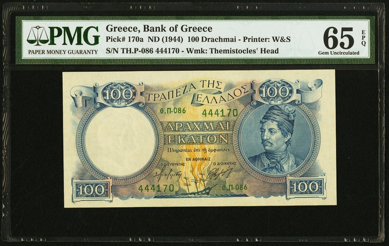 Greece Bank of Greece 100 Drachmai ND (1944) Pick 170a PMG Gem Uncirculated 65 E...