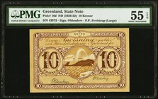 Greenland State Note 10 Kroner ND (1926-52) Pick 16d PMG About Uncirculated 55 EPQ. 

HID09801242017
