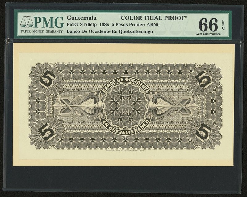 Guatemala Banco de Occidente en Quezaltenango 5 Pesos 188x Pick S176ctp Color Tr...