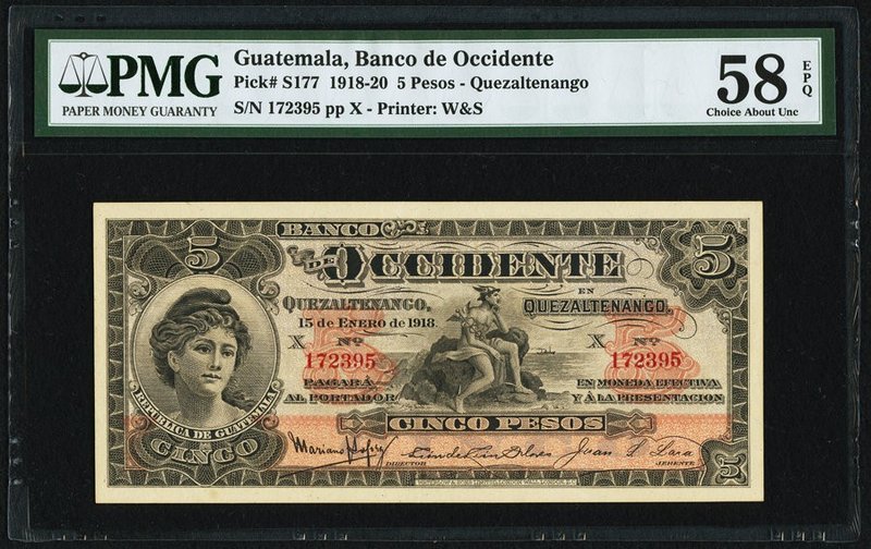 Guatemala Banco de Occidente 5 Pesos 15.1.1918 Pick S177 PMG Choice About Unc 58...