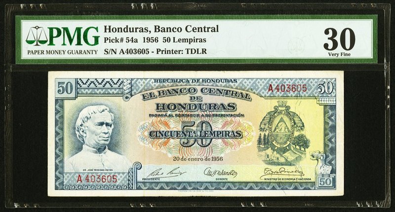 Honduras Banco Central de Honduras 50 Lempiras 20.1.1956 Pick 54a PMG Very Fine ...