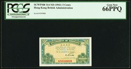 Hong Kong Government of Hong Kong 5 Cents ND (1941) Pick 314 KNB4 PCGS Gem New 66PPQ. 

HID09801242017