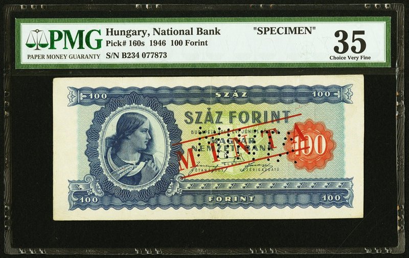 Hungary Hungarian National Bank 100 Forint 1946 Pick 160s Specimen PMG Choice Ve...
