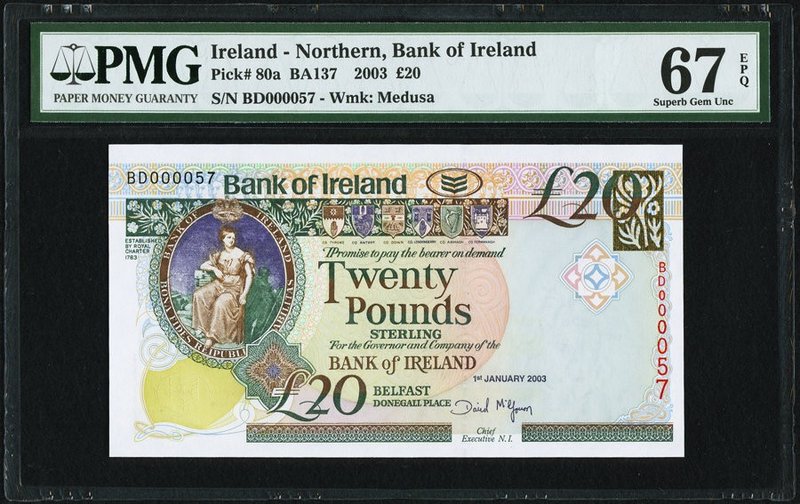 Ireland Bank of Ireland 20 Pounds 2003 Pick 80a PMG Superb Gem Unc 67 EPQ. 

HID...