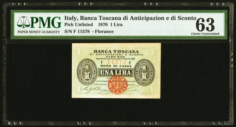 Italy Banca Toscana 1 Lira 1870 Pick UNL PMG Choice Uncirculated 63. Toned.

HID...