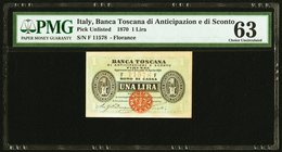 Italy Banca Toscana 1 Lira 1870 Pick UNL PMG Choice Uncirculated 63. Toned.

HID09801242017
