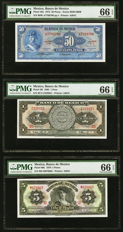 Mexico Banco de Mexico 50; 1; 5 Pesos 1972; 1965; 1970 Pick 49u; 59i; 60k Three ...