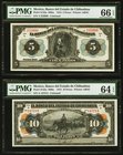 Mexico Banco del Estado de Chihuahua 5; 10 Pesos 1913 Pick S132a; S133a M95a; M96a PMG Gem Uncirculated 66 EPQ; Choice Uncirculated 64 EPQ. 

HID09801...