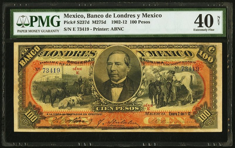 Mexico Banco de Londres y Mexico 100 Pesos 2.1.1912 Pick S237d M275d PMG Extreme...