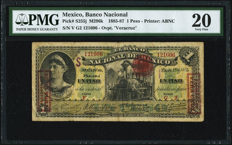 Mexico Banco Nacional de Mexicano 1 Peso 1.1.1885 Pick S255j M296k PMG Very Fine...