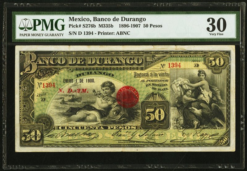 Mexico Banco de Durango 50 Pesos 1.1.1900 Pick S276b M335b PMG Very Fine 30. 

H...