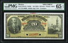 Mexico Banco Mercantil de Monterrey 20 Pesos ND (1907) Pick S354As M426s Specimen PMG Gem Uncirculated 65 EPQ. Two POCs.

HID09801242017