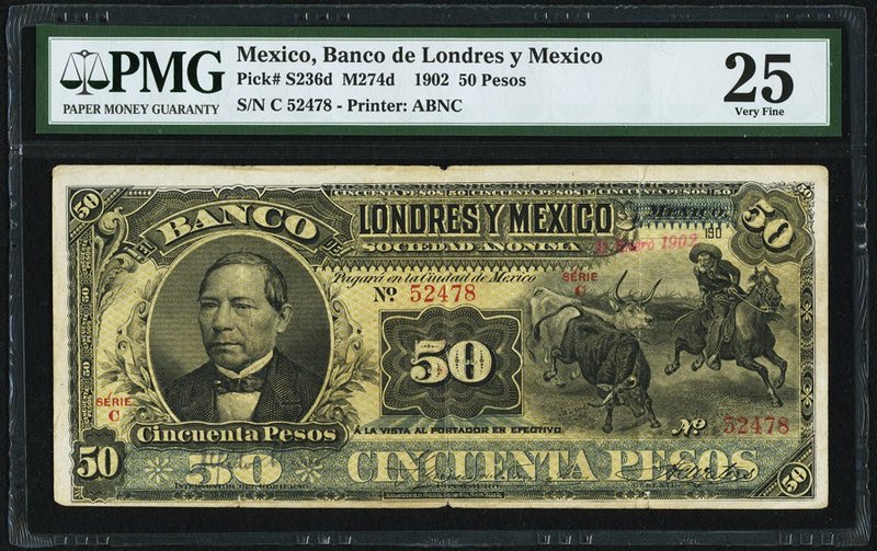 Mexico Banco de Londres y Mexico 50 Pesos 1.1.1902 Pick S236d M274d PMG Very Fin...