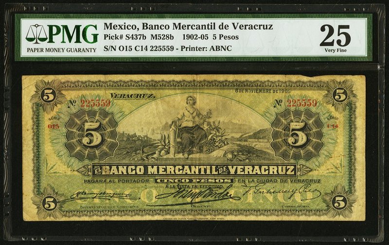 Mexico Banco Mercantil De Veracruz 5 Pesos 8.11.1905 Pick S437b M528b PMG Very F...