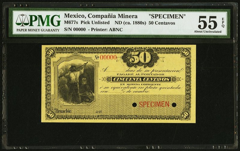 Mexico Compania Minera 50 Centavos ND (ca. 1880s) Pick UNL M677s Specimen PMG Ab...