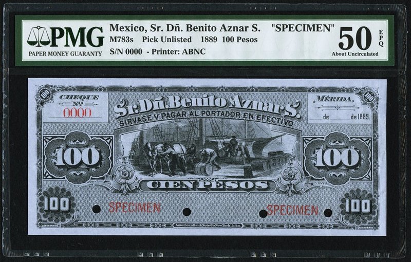 Mexico Sr. Dn Benito Aznar S. 100 Pesos 1889 Pick UNL M783s Specimen PMG About U...