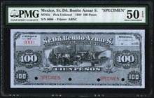 Mexico Sr. Dn Benito Aznar S. 100 Pesos 1889 Pick UNL M783s Specimen PMG About Uncirculated 50 EPQ. Four POCs.

HID09801242017
