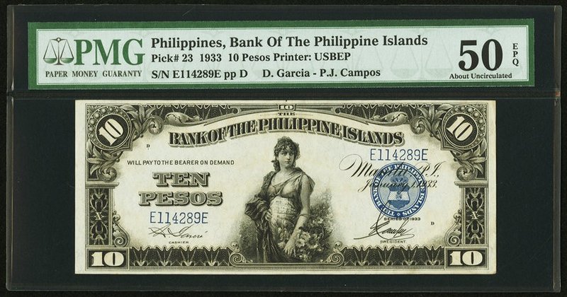 Philippines Bank of the Philippine Islands 10 Pesos 1933 Pick 23 PMG About Uncir...