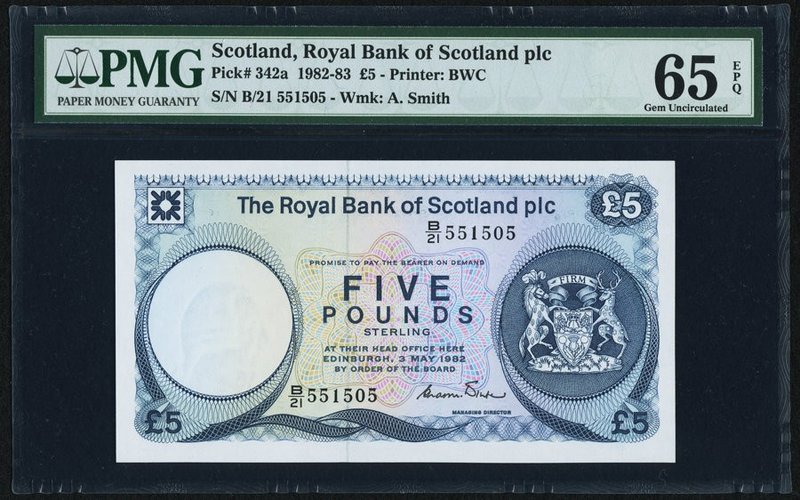 Scotland Royal Bank of Scotland 5 Pounds 3.5.1982 Pick 342a PMG Gem Uncirculated...