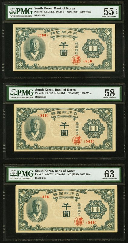 South Korea Bank of Korea 1000 Won ND (1950) Pick 8 Three Examples PMG About Unc...