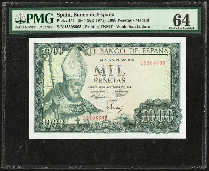 Spain Banco de Espana 1000 Pesetas 19.11.1965 (ND 1971) Pick 151 PMG Choice Unci...