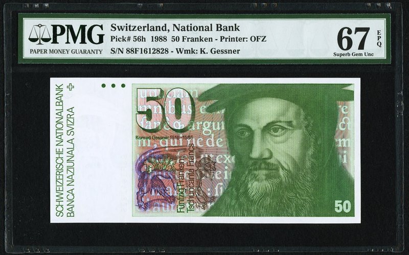 Switzerland National Bank 50 Franken 1988 Pick 56h PMG Superb Gem Unc 67 EPQ. 

...