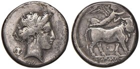 CAMPANIA Neapolis Statere (circa 300-275 a.C.) Testa di ninfa a d. - R/ Toro antropomorfo andante a d., in alto, Nike - cfr. S.ANS 359 e segg. AG (g 7...